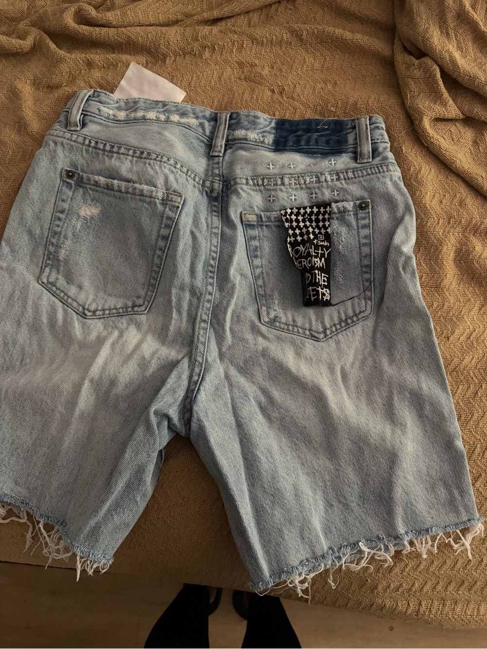 Ksubi Light Blue Distressed Denim Shorts with Patch Detail